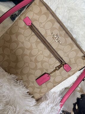 Coach Beige Signature Canvas Tote with Pink Trim